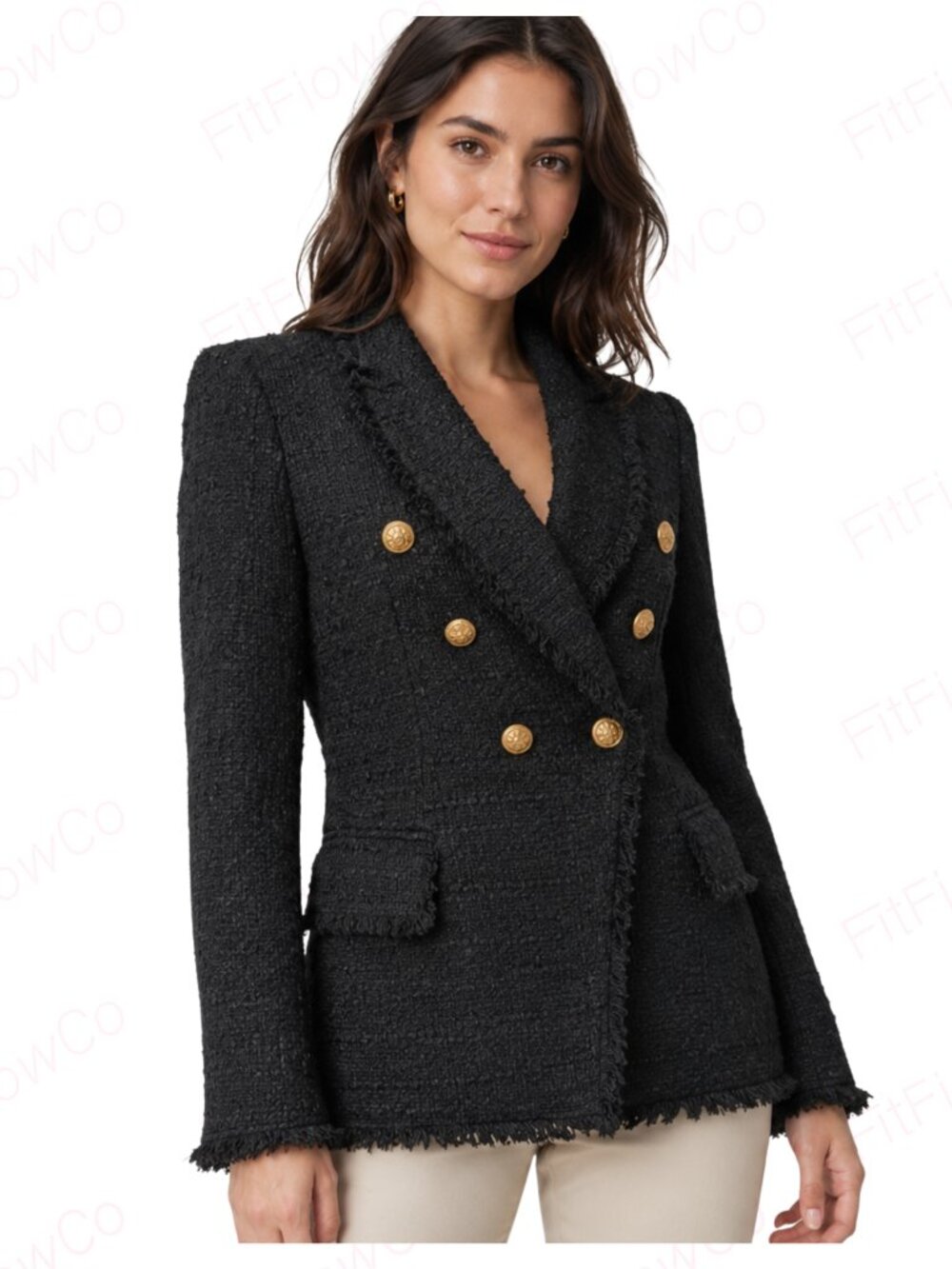 ZARA Woman Black Tweed Blazer S Gold Buttons Double Breasted Fringe